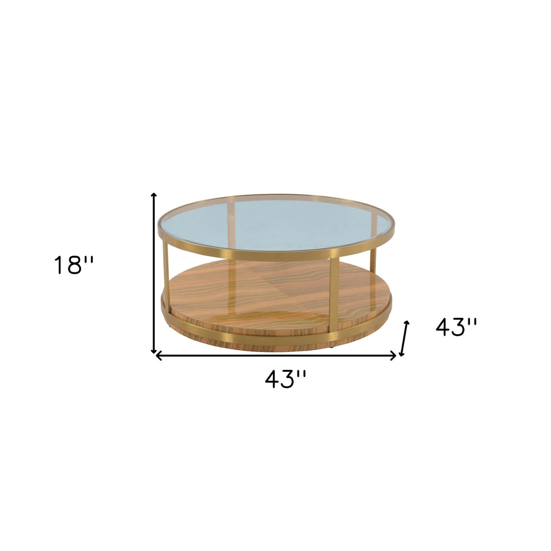 43-Inch Clear Glass, Gold, and Brown Wood and Metal Round Coffee Table with Shelf