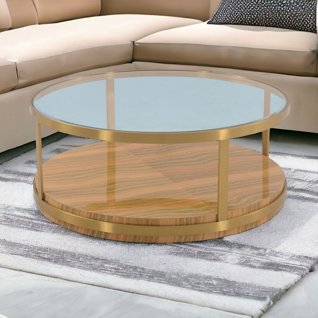 43-Inch Clear Glass, Gold, and Brown Wood and Metal Round Coffee Table with Shelf