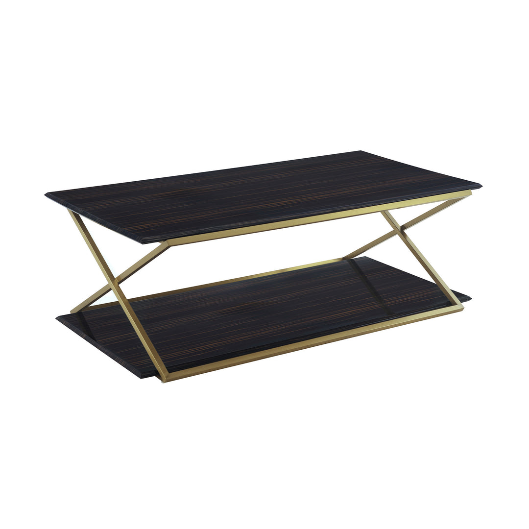 51-Inch Dark Brown and Gold Metal Coffee Table with Storage Shelf