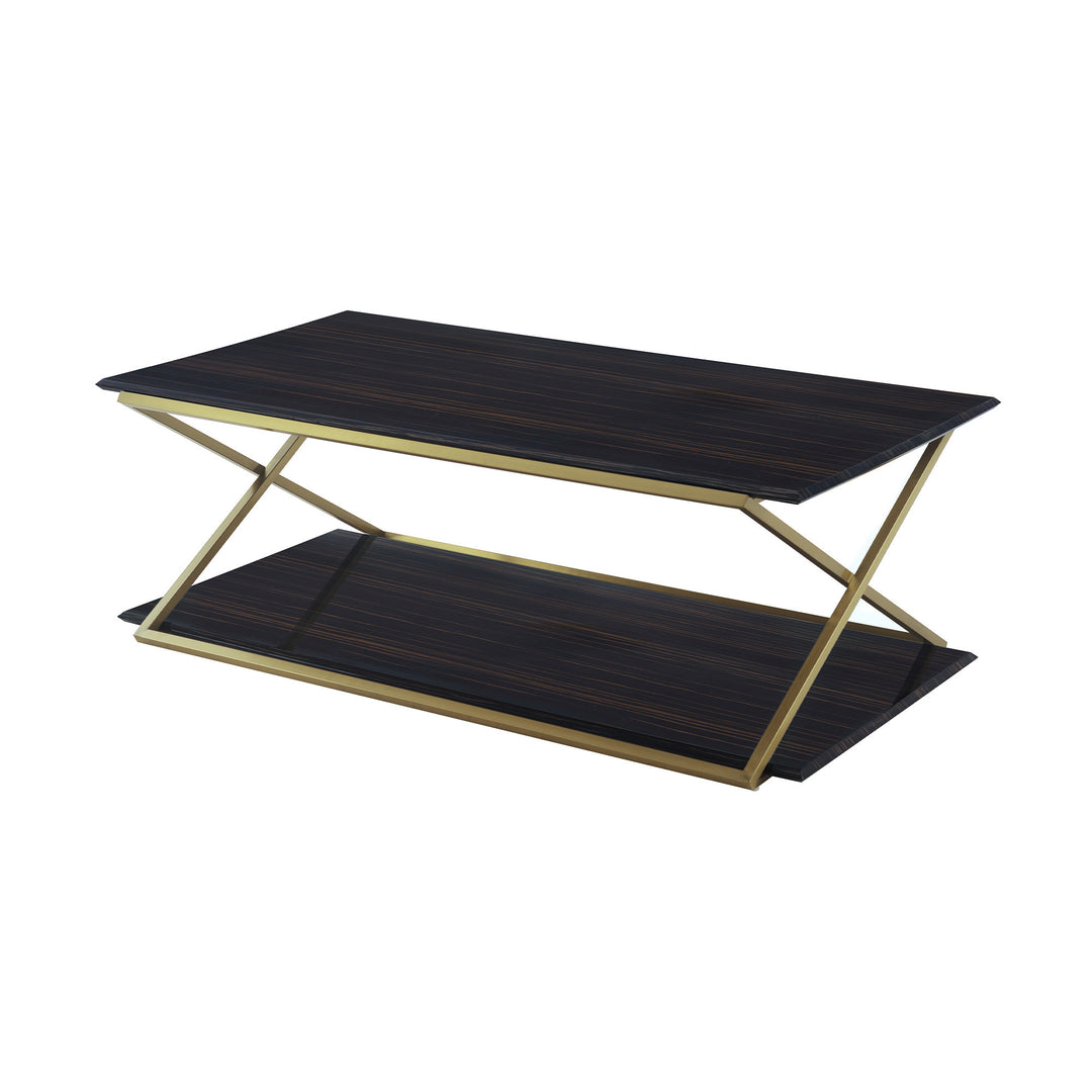 51-Inch Dark Brown and Gold Metal Coffee Table with Storage Shelf