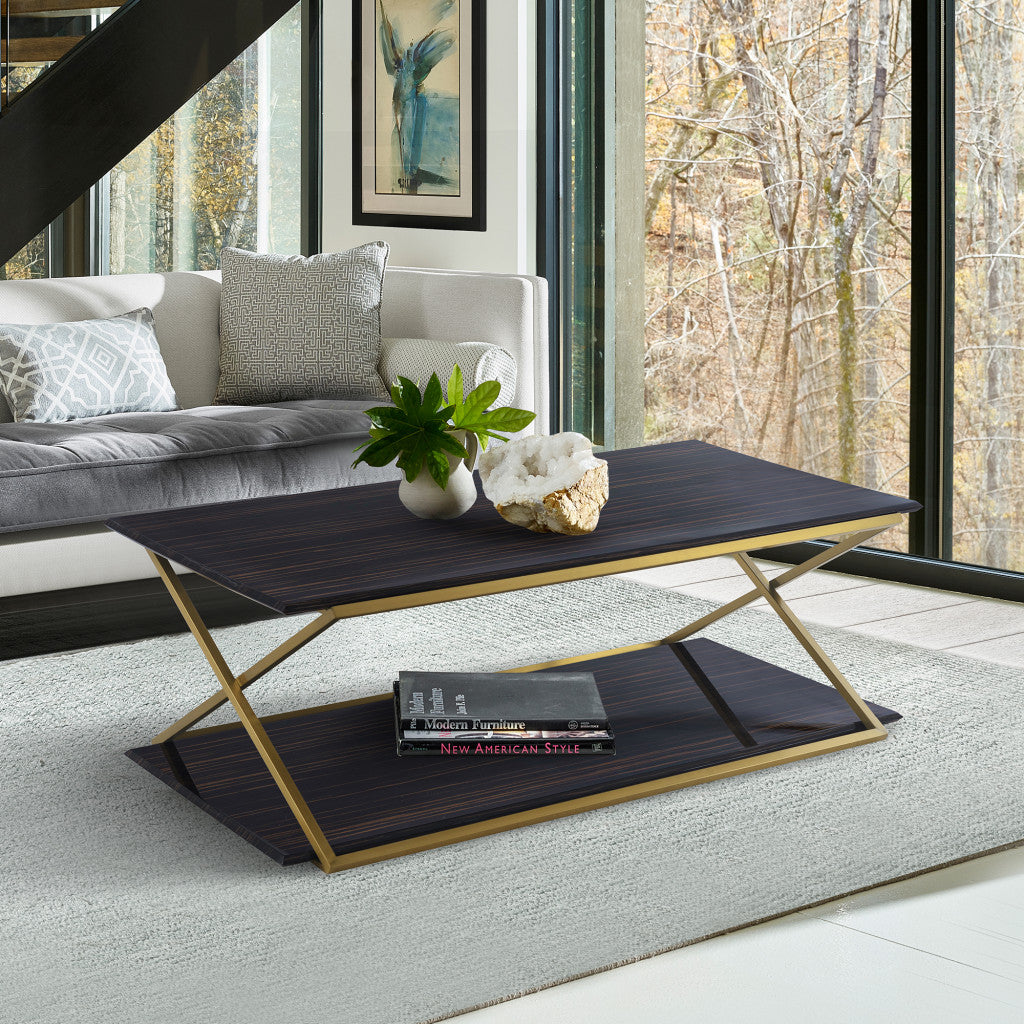 51-Inch Dark Brown and Gold Metal Coffee Table with Storage Shelf