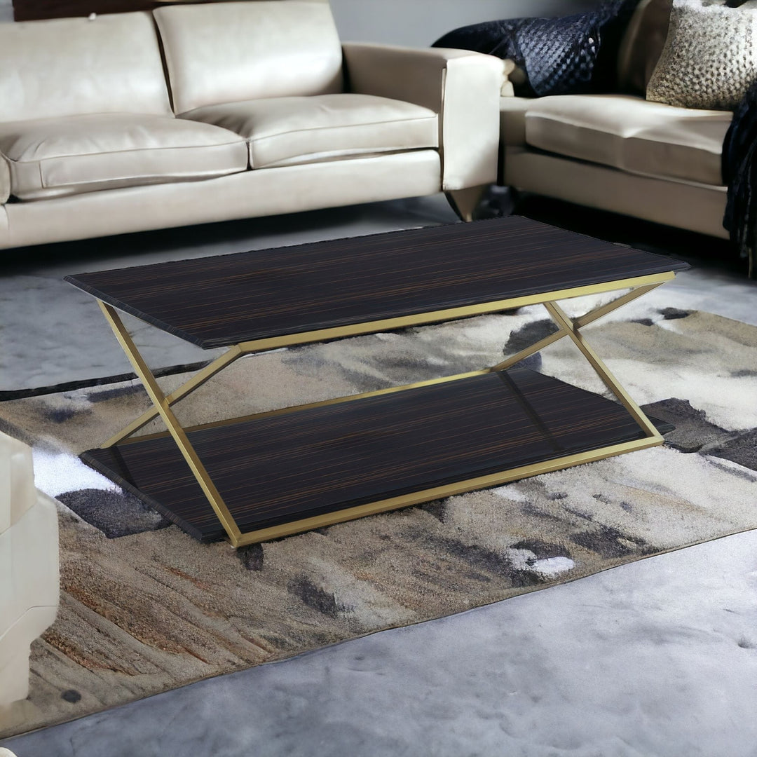 51-Inch Dark Brown and Gold Metal Coffee Table with Storage Shelf