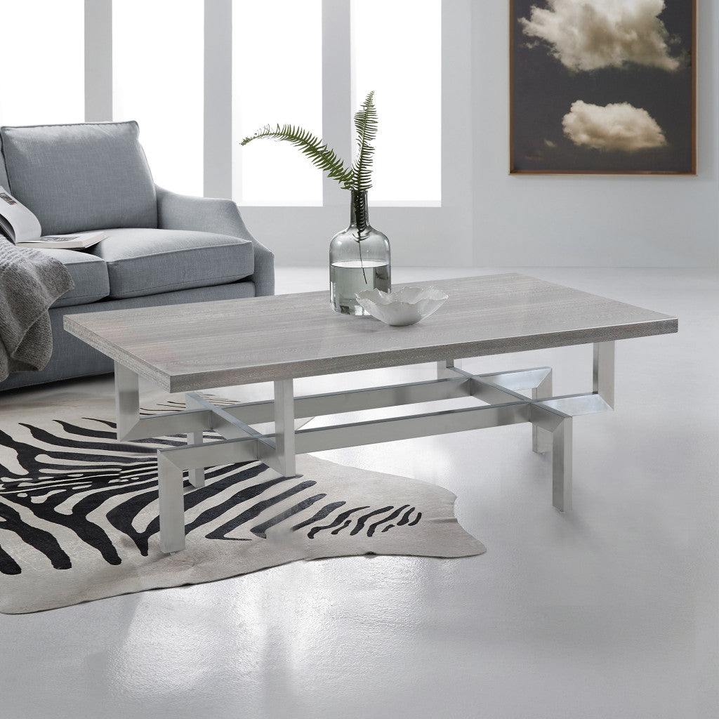 51-Inch Black and Silver Stainless Steel Coffee Table with Storage Shelf