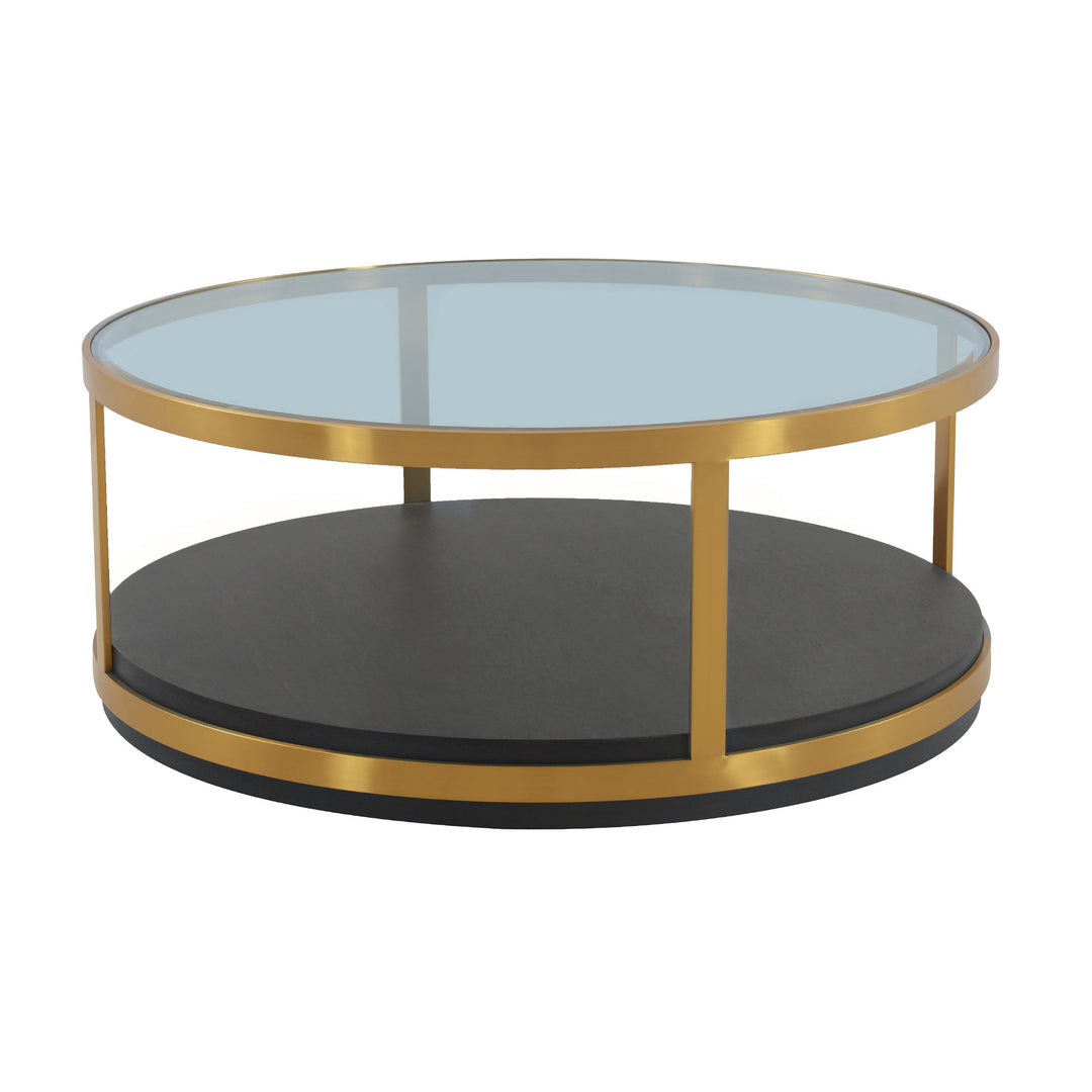 43-Inch Clear Glass and Black-Gold Walnut Coffee Table with Shelf