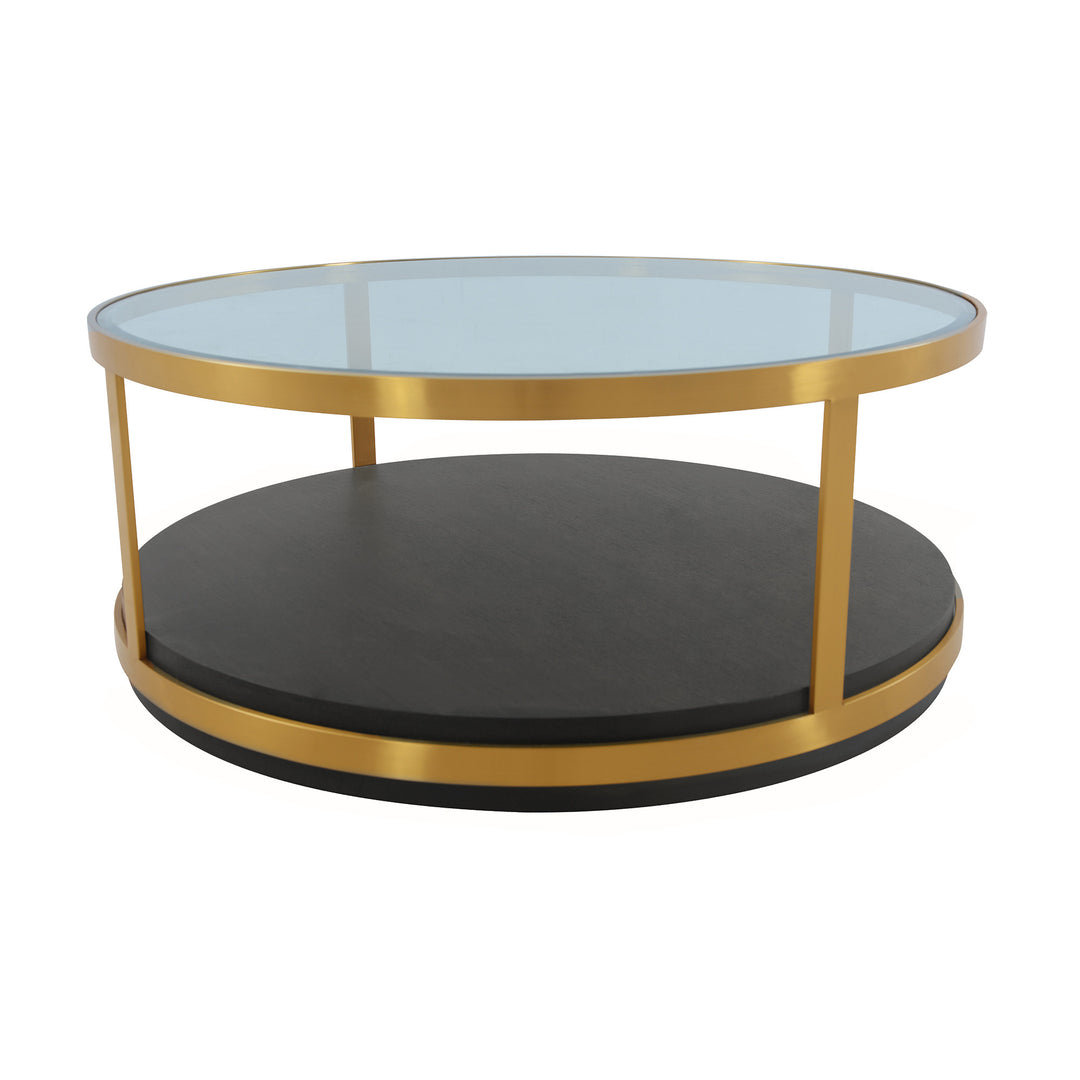 43-Inch Clear Glass and Black-Gold Walnut Coffee Table with Shelf