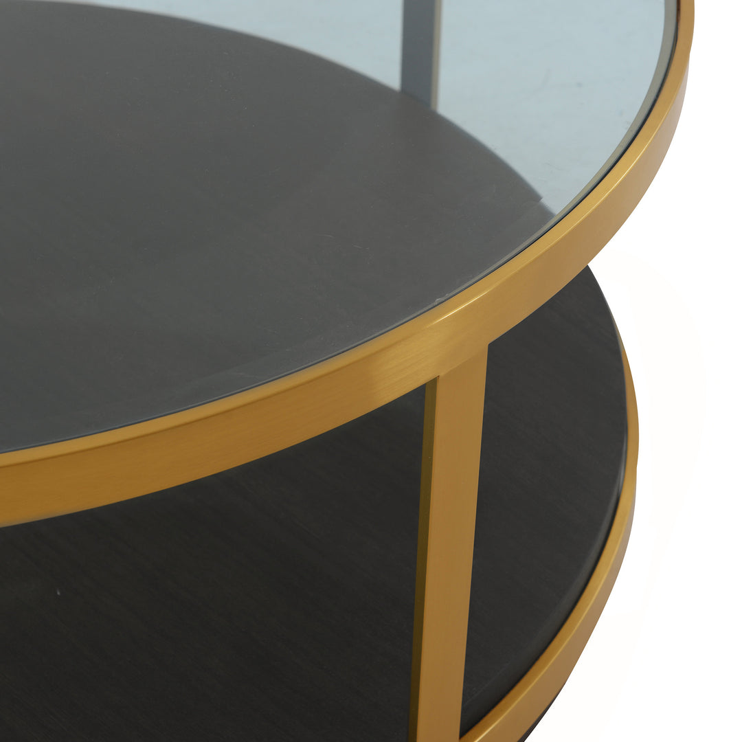 43-Inch Clear Glass and Black-Gold Walnut Coffee Table with Shelf