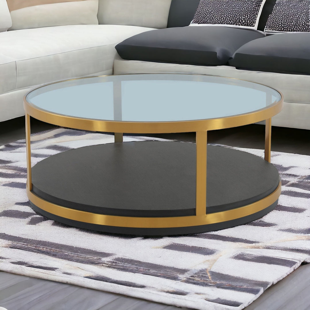 43-Inch Clear Glass and Black-Gold Walnut Coffee Table with Shelf