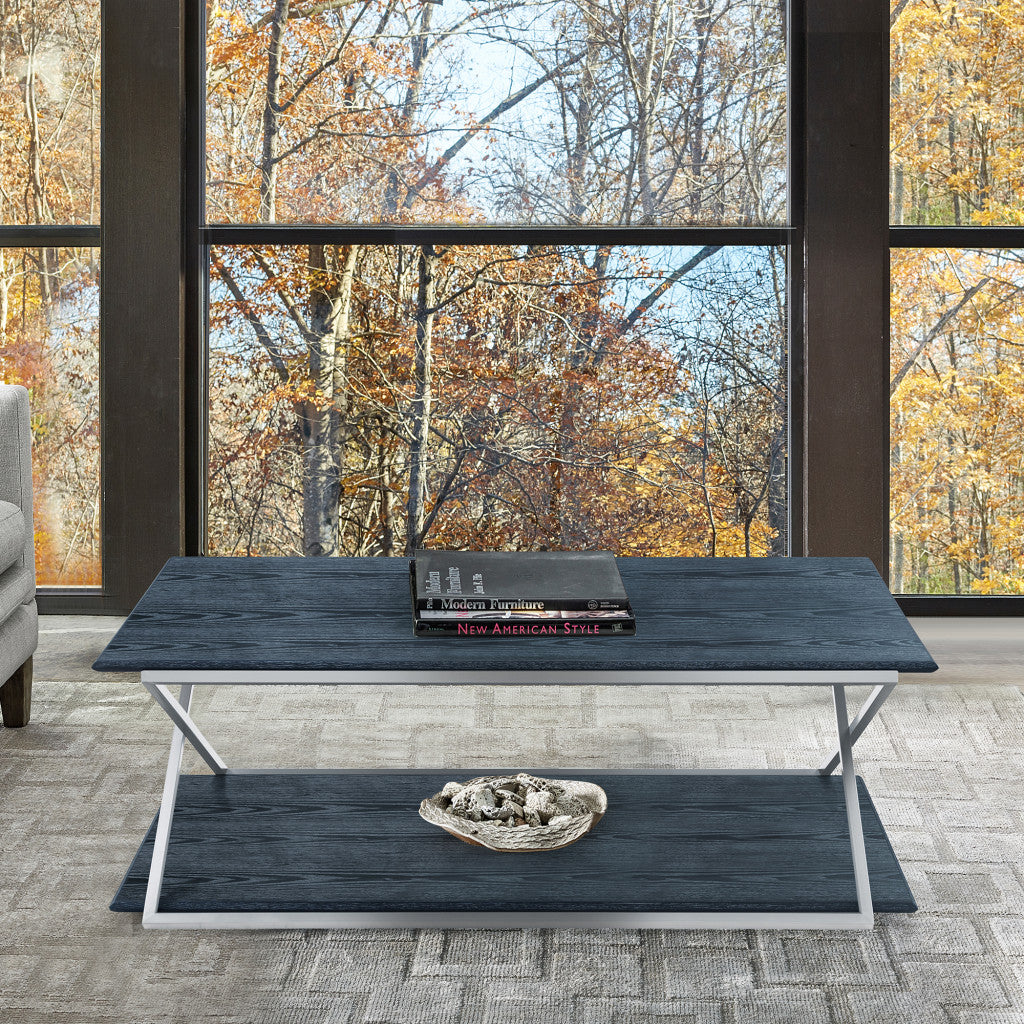 51-Inch Black and Silver Stainless Steel Coffee Table with Storage Shelf