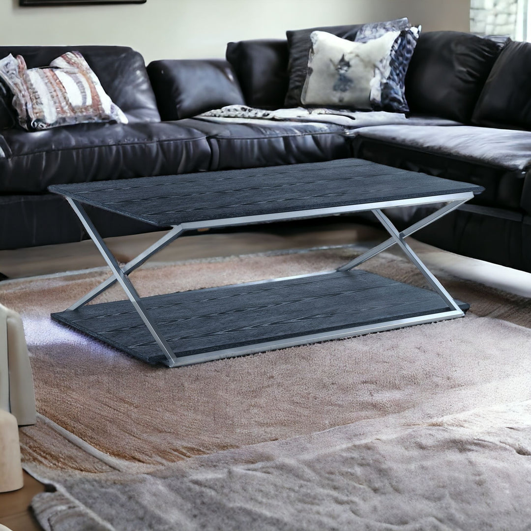 51-Inch Black and Silver Stainless Steel Coffee Table with Storage Shelf