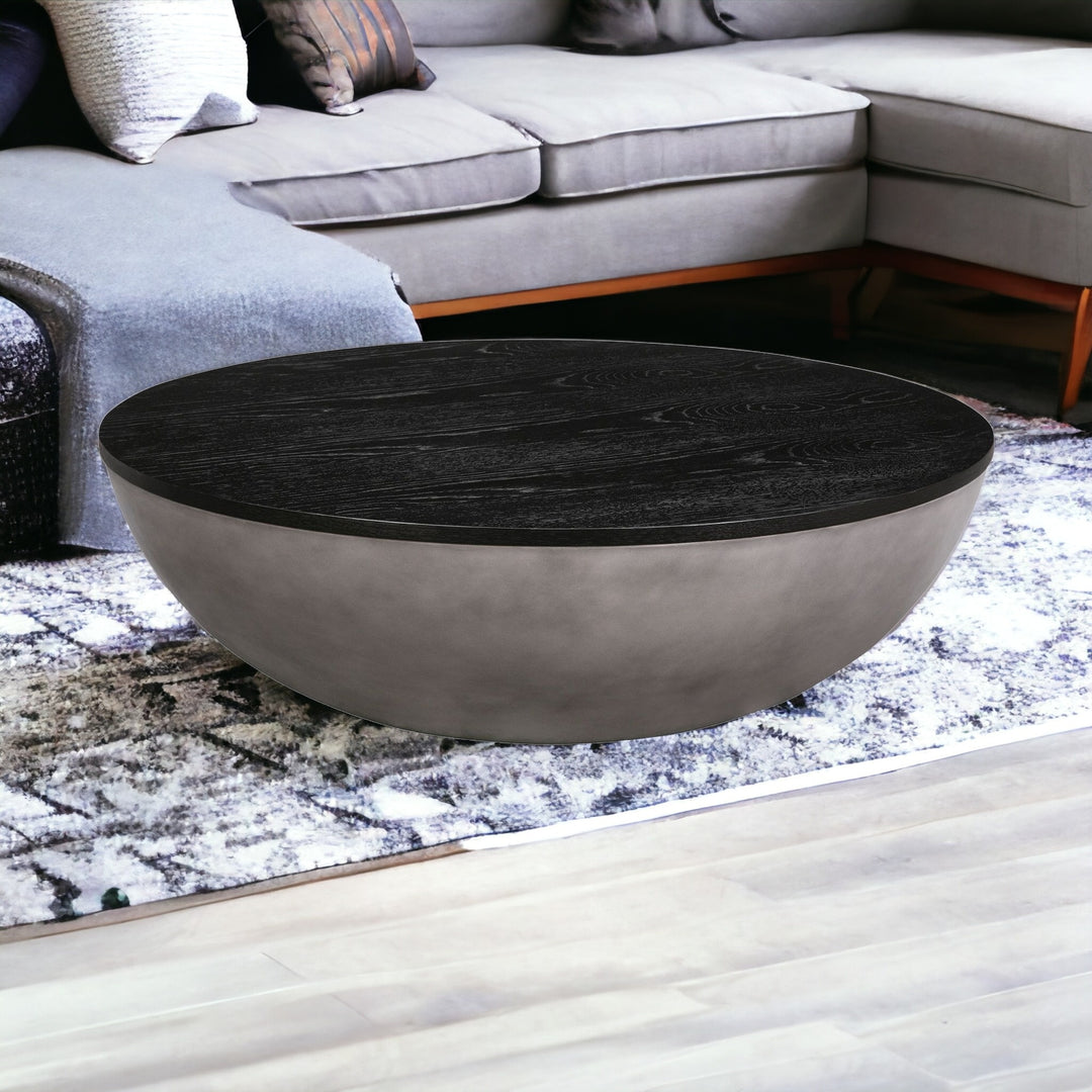 48-Inch Black Solid Oak and Gray Concrete Round Coffee Table