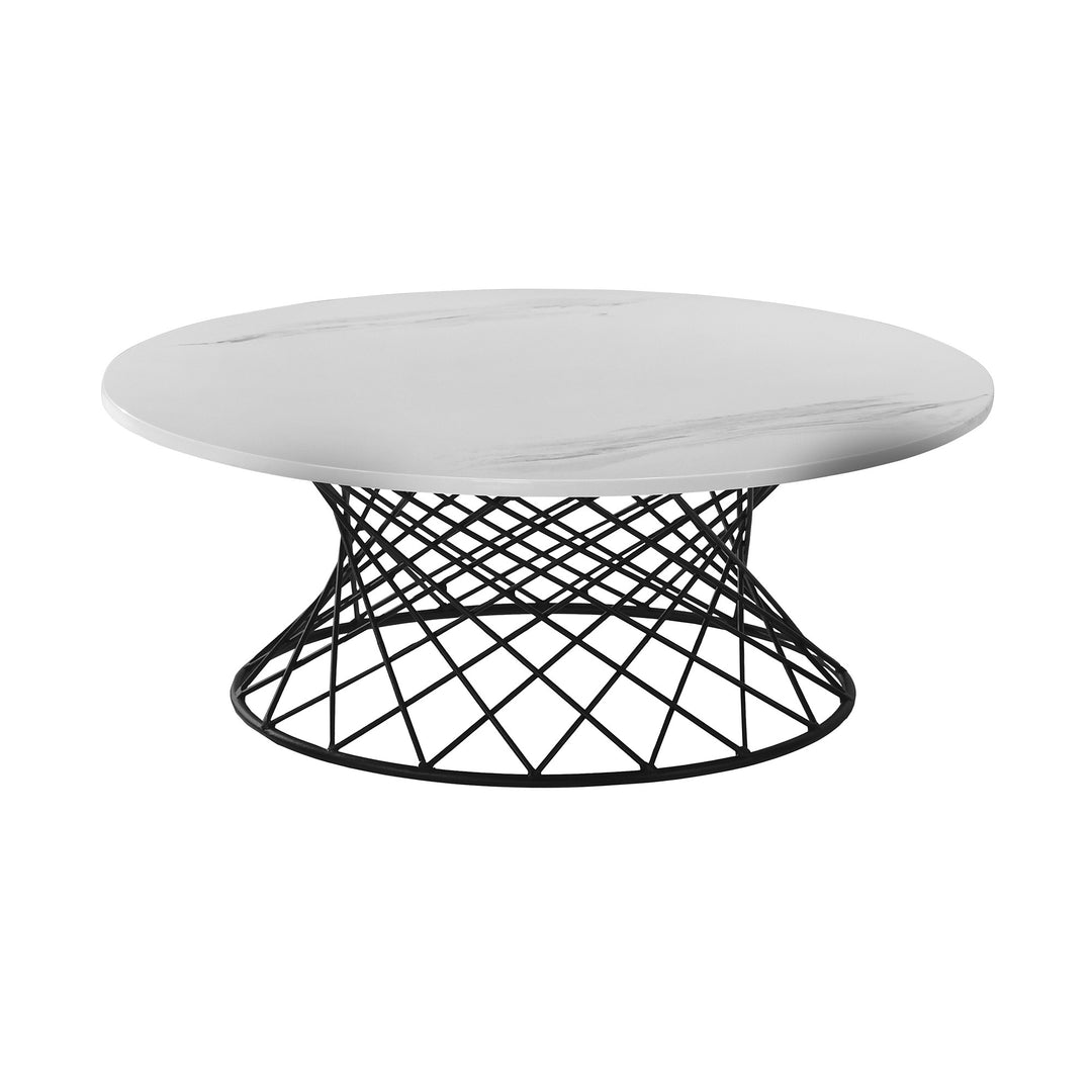 36-Inch White Marble and Black Metal Round Coffee Table