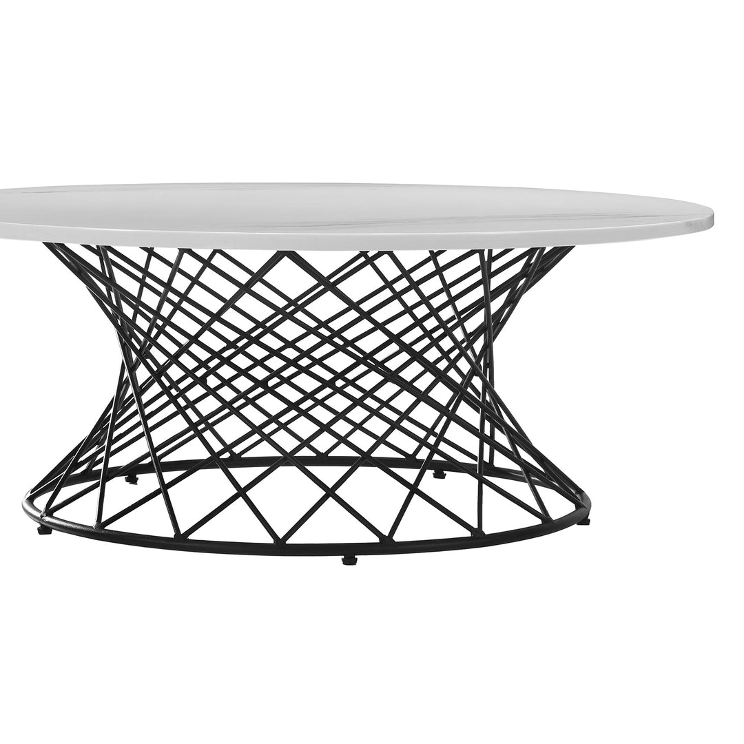 36-Inch White Marble and Black Metal Round Coffee Table