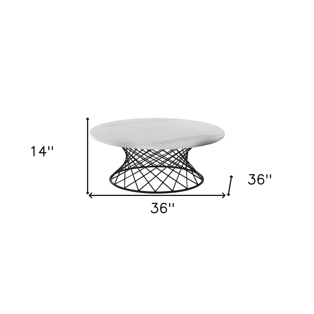 36-Inch White Marble and Black Metal Round Coffee Table