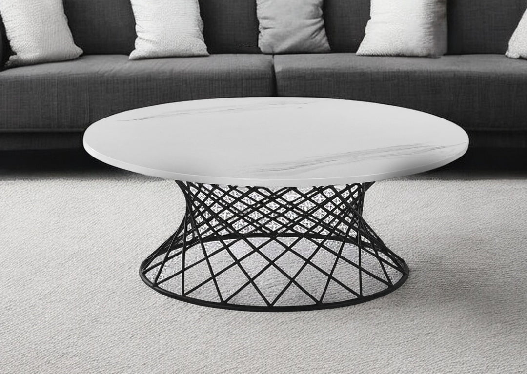 36-Inch White Marble and Black Metal Round Coffee Table