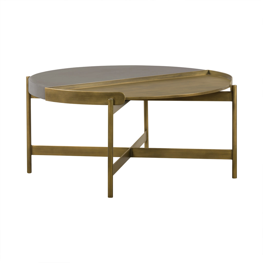 32" Gray And Brass Concrete And Metal Round Coffee Table