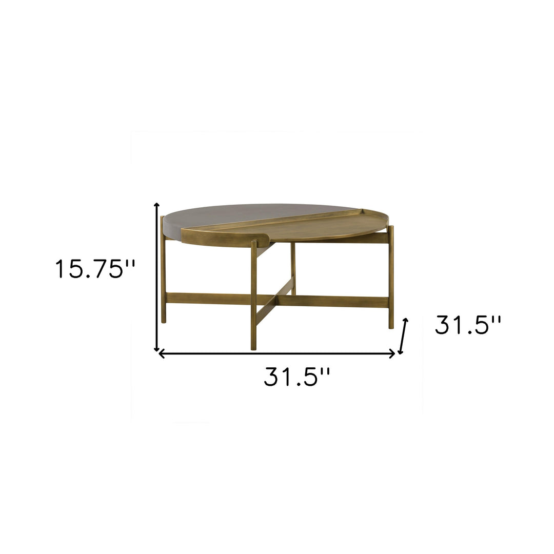 32" Gray And Brass Concrete And Metal Round Coffee Table