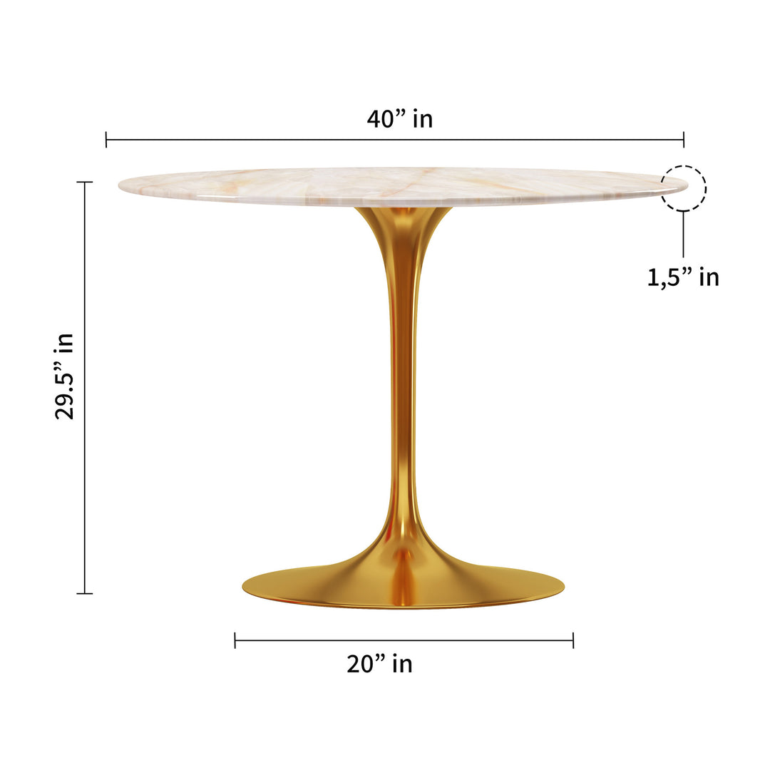 40" White and Gold Marble Pedestal Dining Table