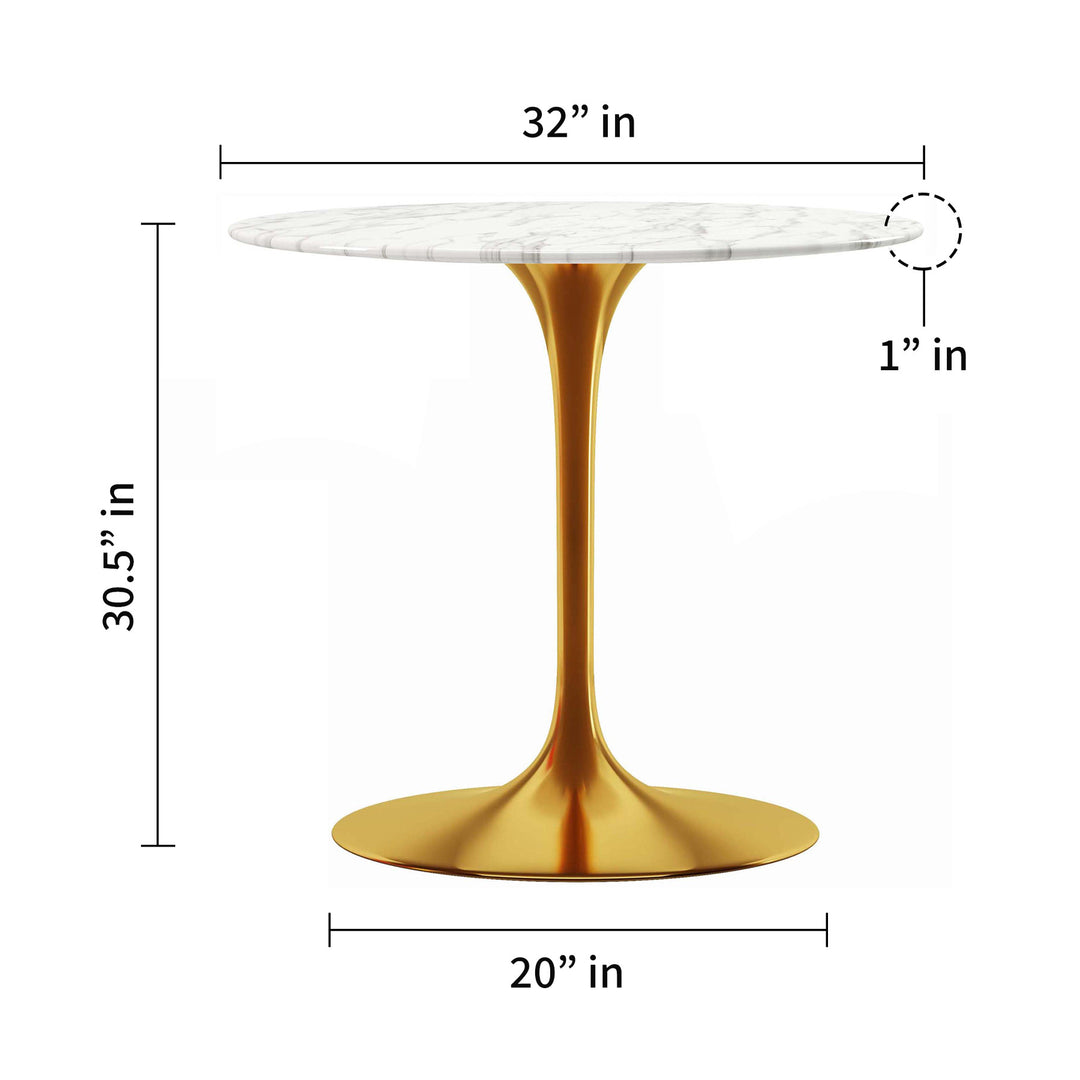 32-Inch White and Gold Marble Pedestal Dining Table