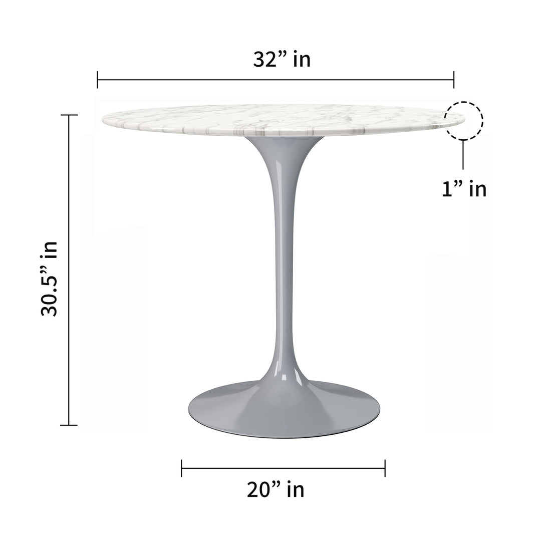 32" White and Gray Marble Pedestal Dining Table