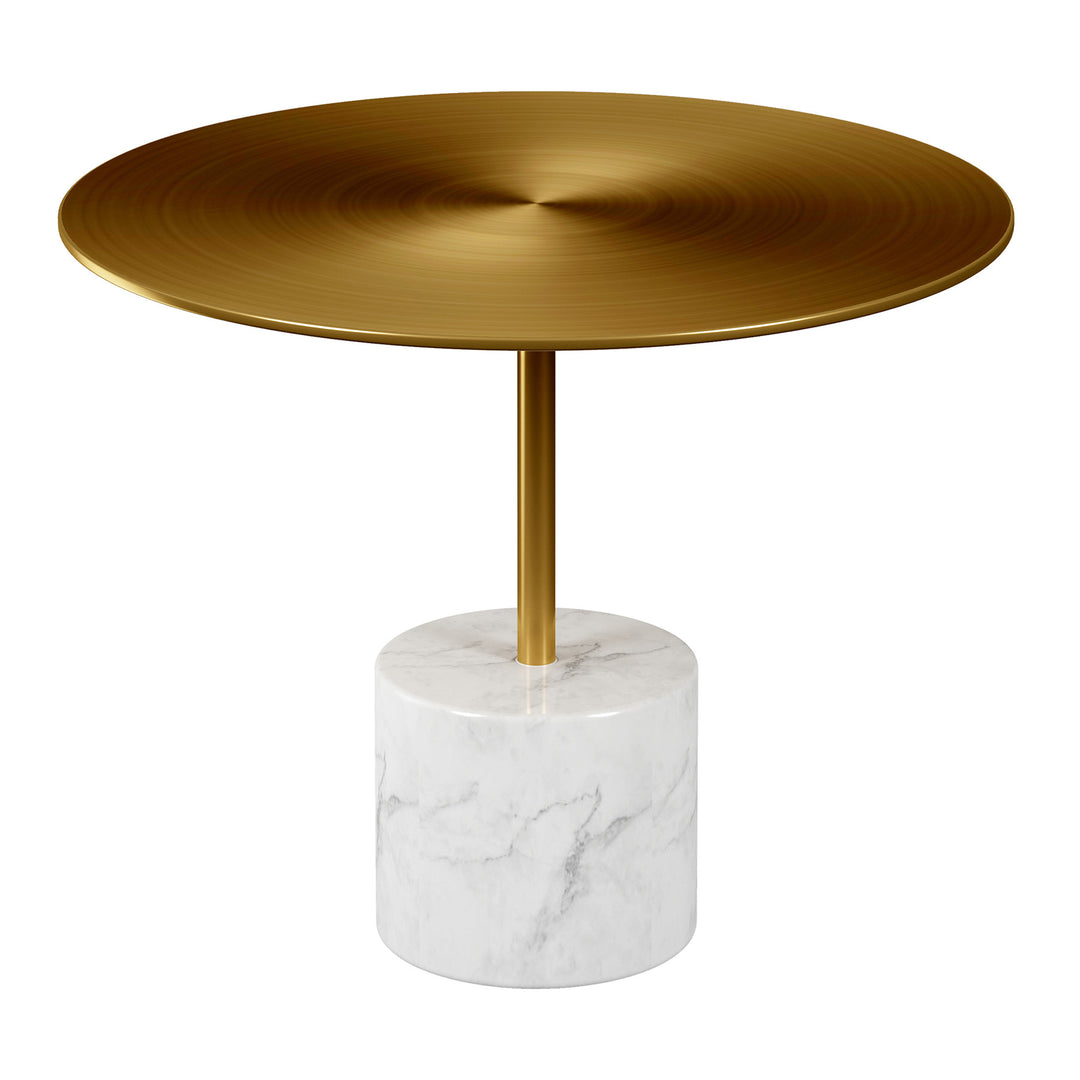 17" Gold and White Steel Round Coffee Table with Stone Base