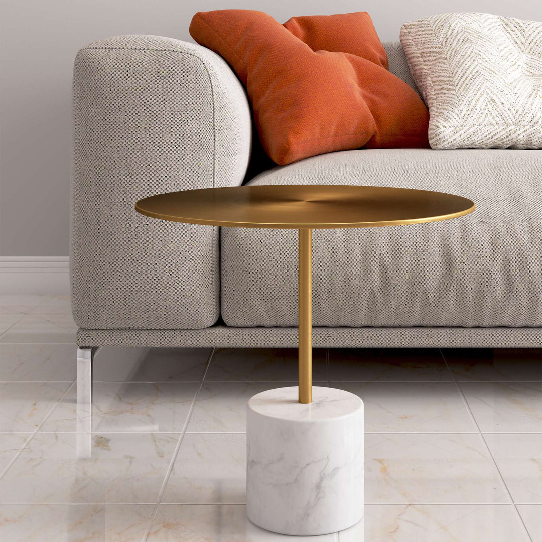 17" Gold and White Steel Round Coffee Table with Stone Base