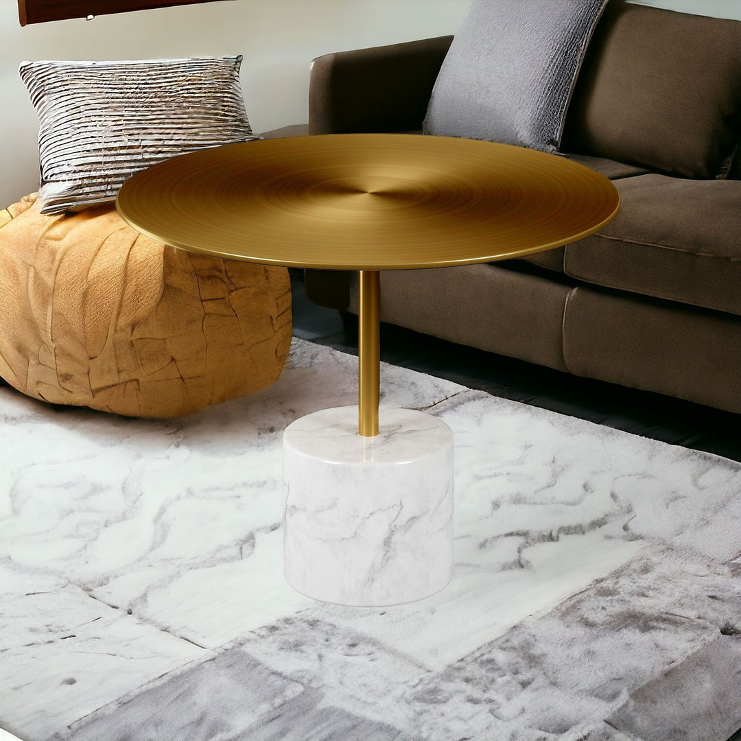 17" Gold and White Steel Round Coffee Table with Stone Base