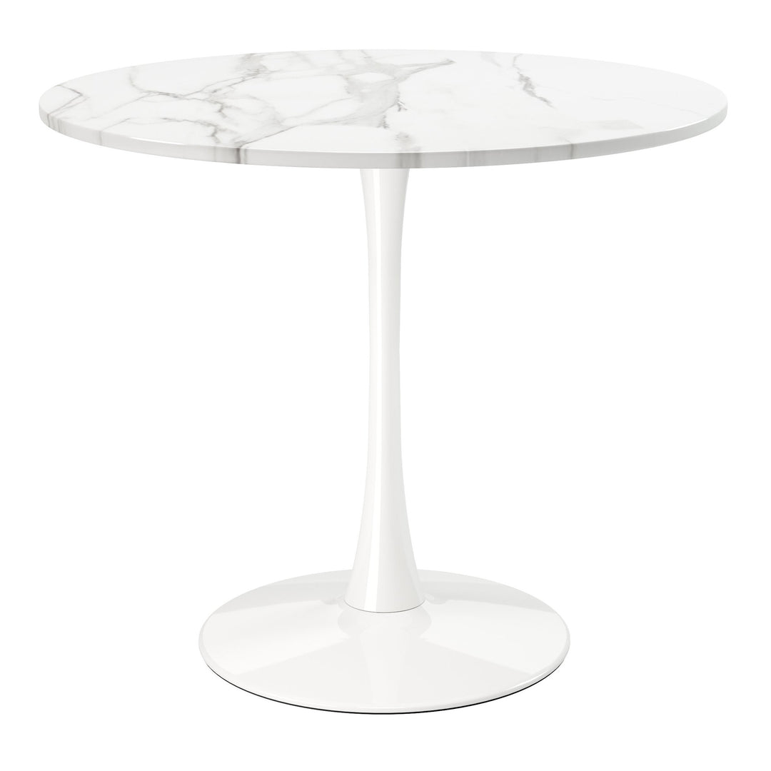 36" White Metal Pedestal Dining Table with Marble-Laminated Top