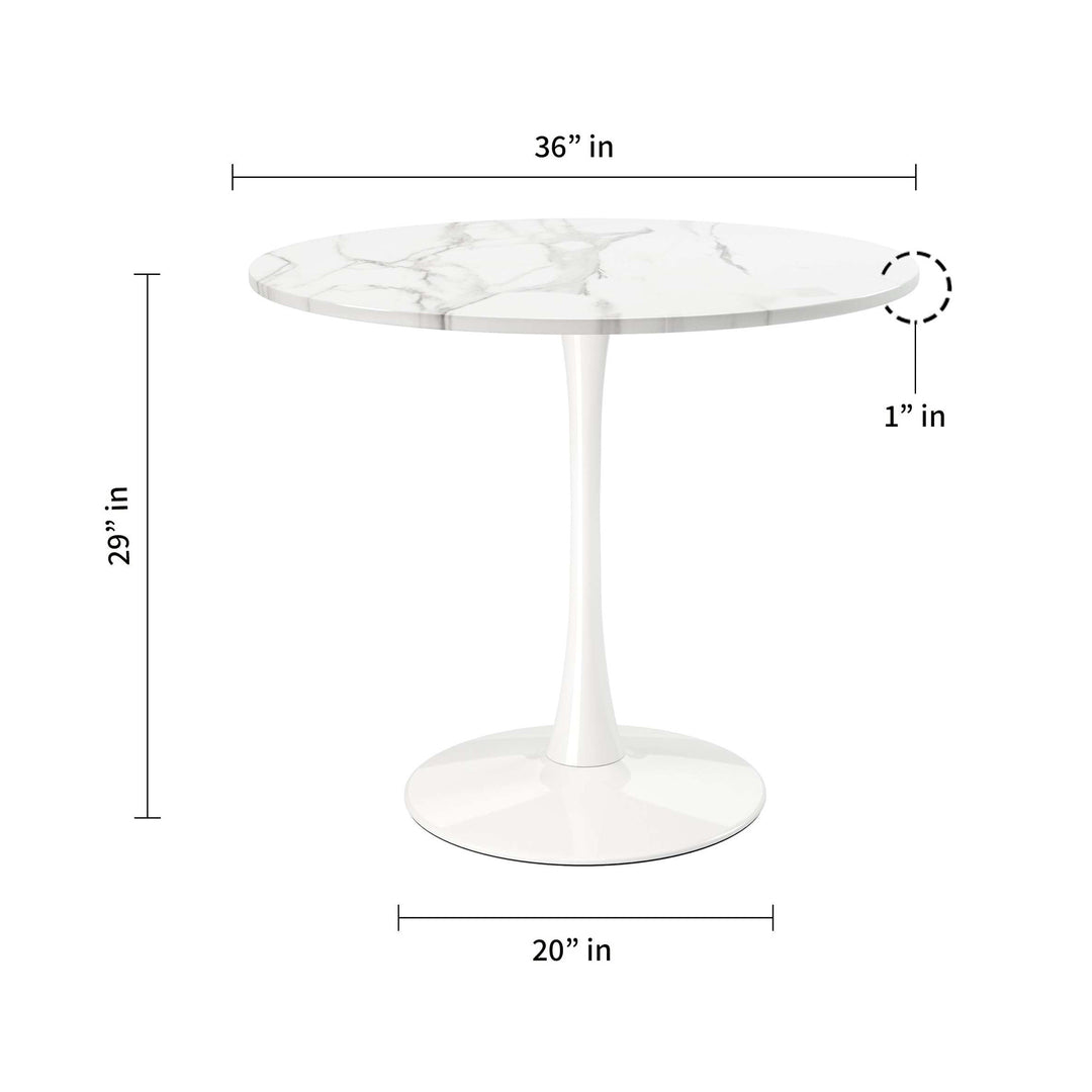 36" White Metal Pedestal Dining Table with Marble-Laminated Top