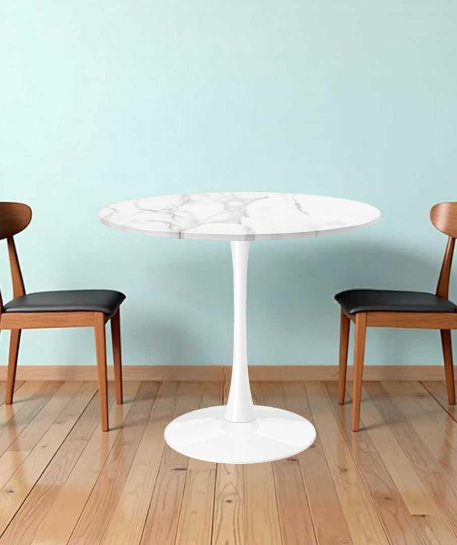 36" White Metal Pedestal Dining Table with Marble-Laminated Top