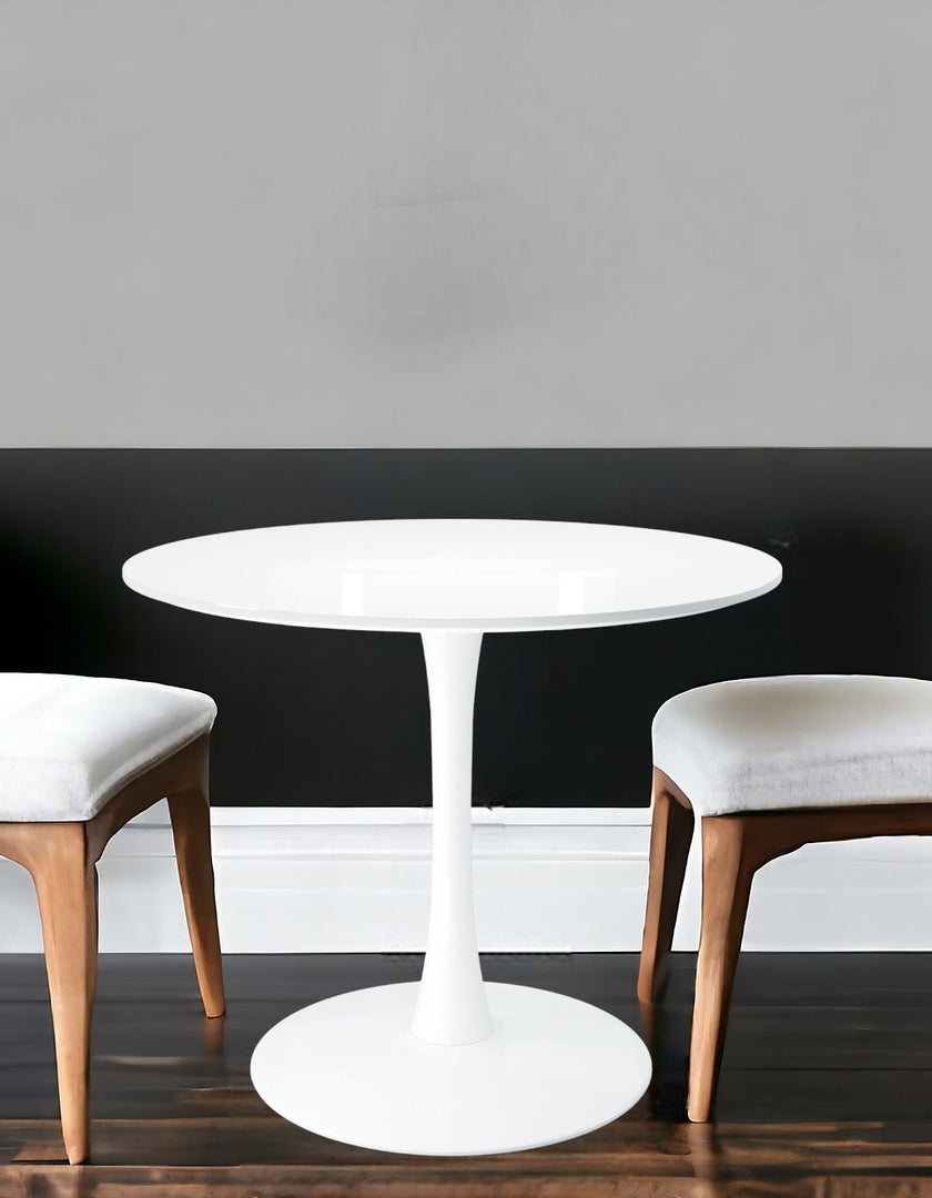 36" White Gloss Metal and Wood Round Dining Table with Pedestal Base