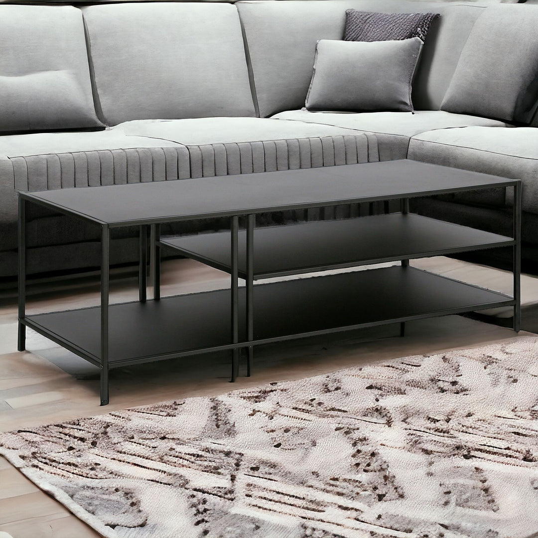 48-Inch Black Steel Coffee Table with Dual Shelves