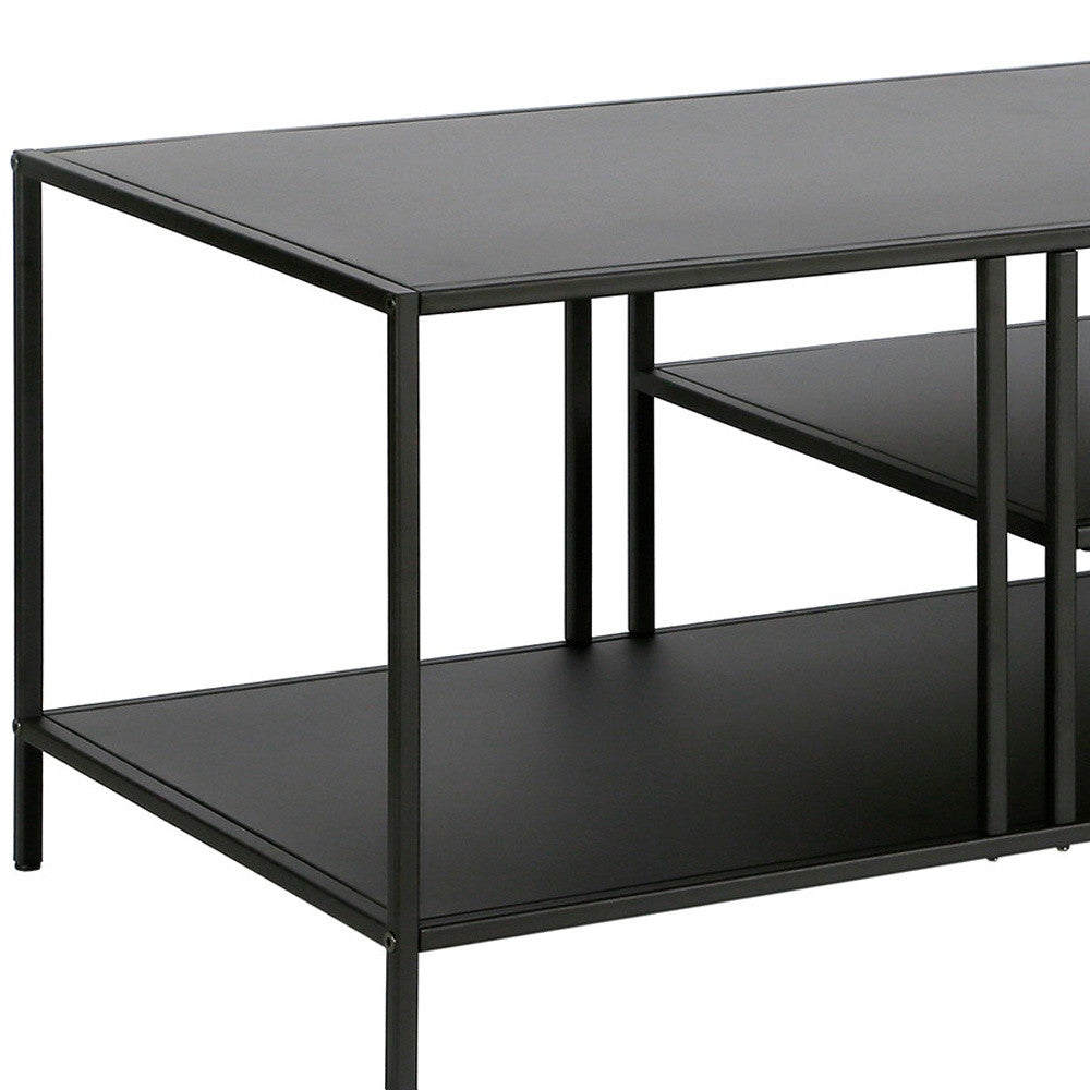 48-Inch Black Steel Coffee Table with Dual Shelves