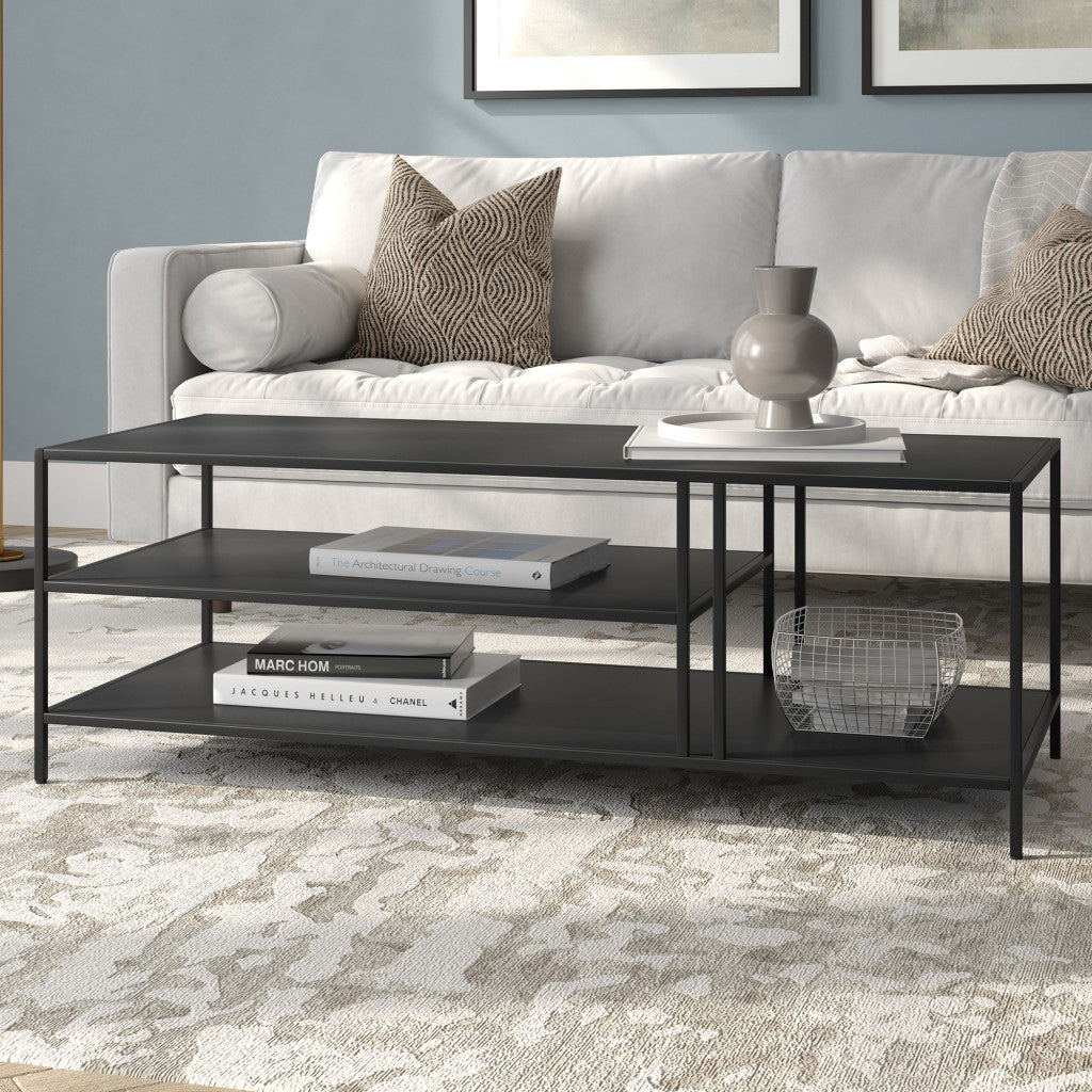 48-Inch Black Steel Coffee Table with Dual Shelves