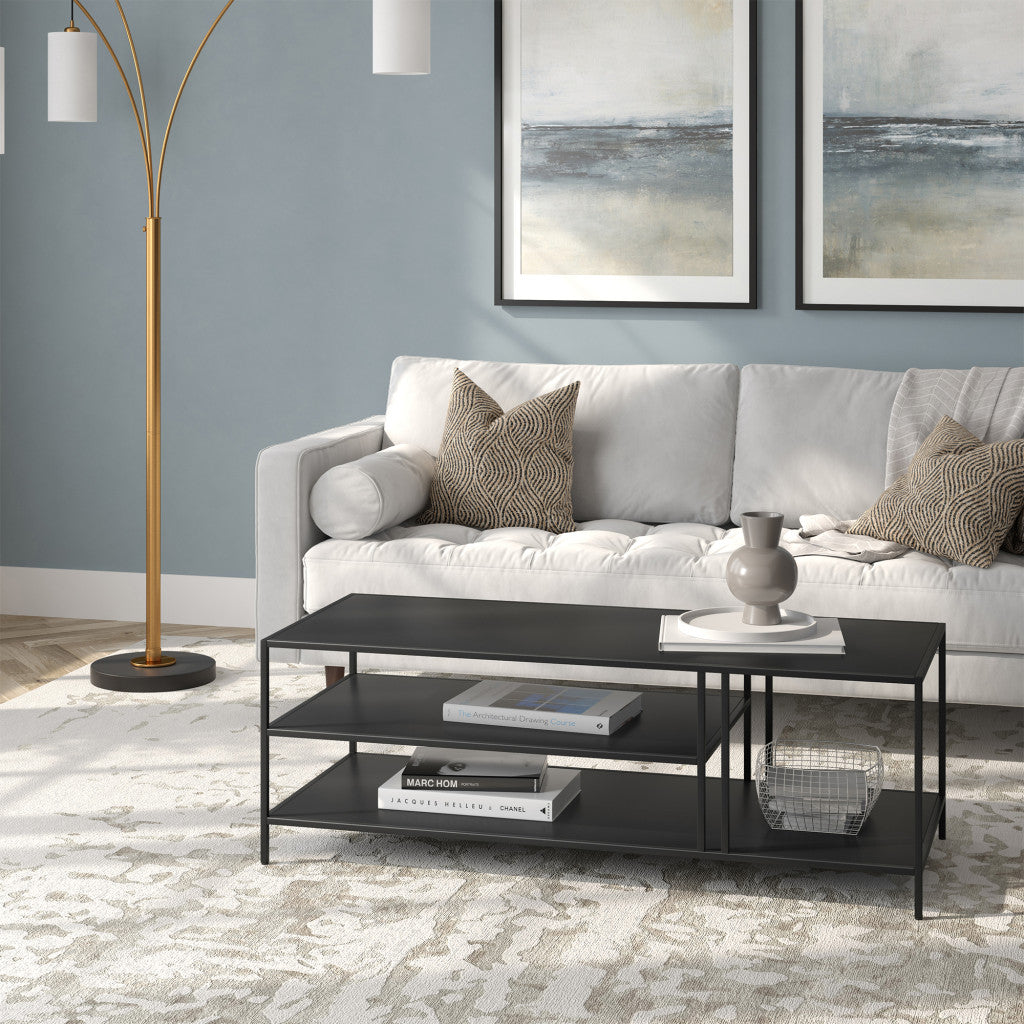 48-Inch Black Steel Coffee Table with Dual Shelves