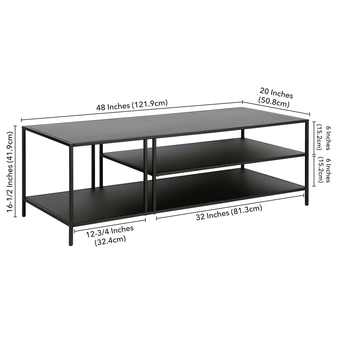 48-Inch Black Steel Coffee Table with Dual Shelves