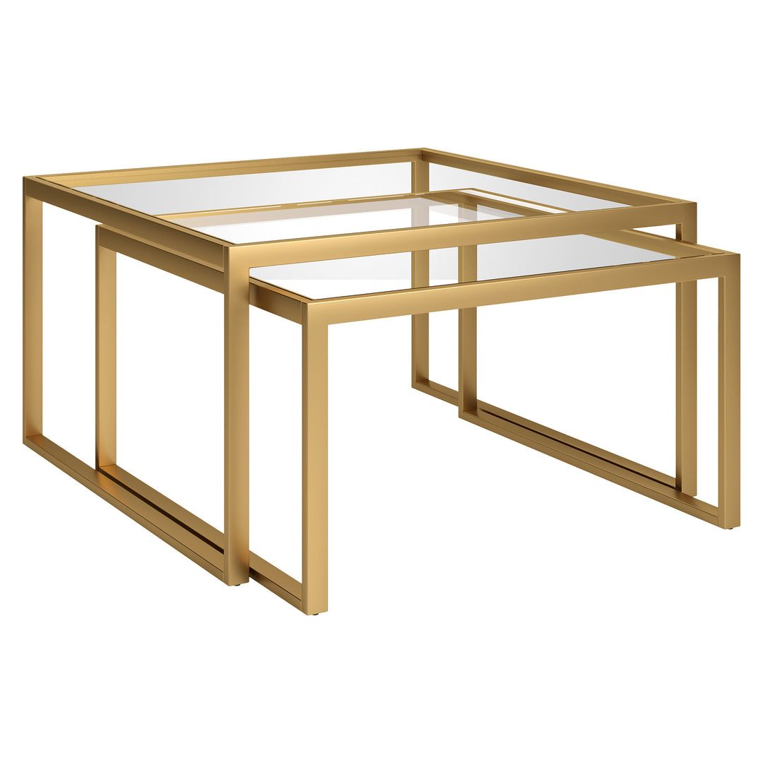 Set of Two 30-Inch Gold Glass and Steel Square Nested Coffee Tables