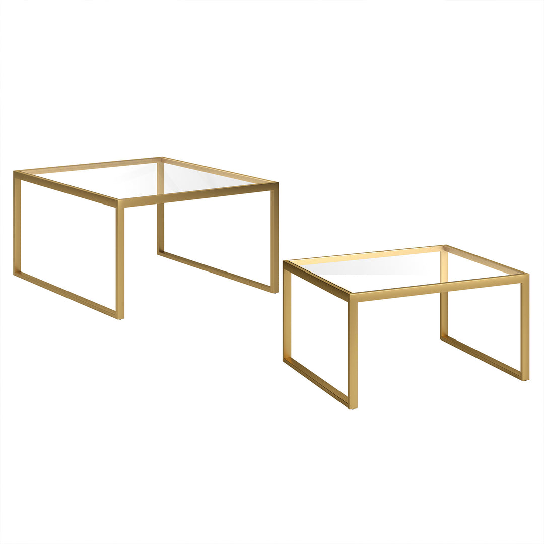 Set of Two 30-Inch Gold Glass and Steel Square Nested Coffee Tables