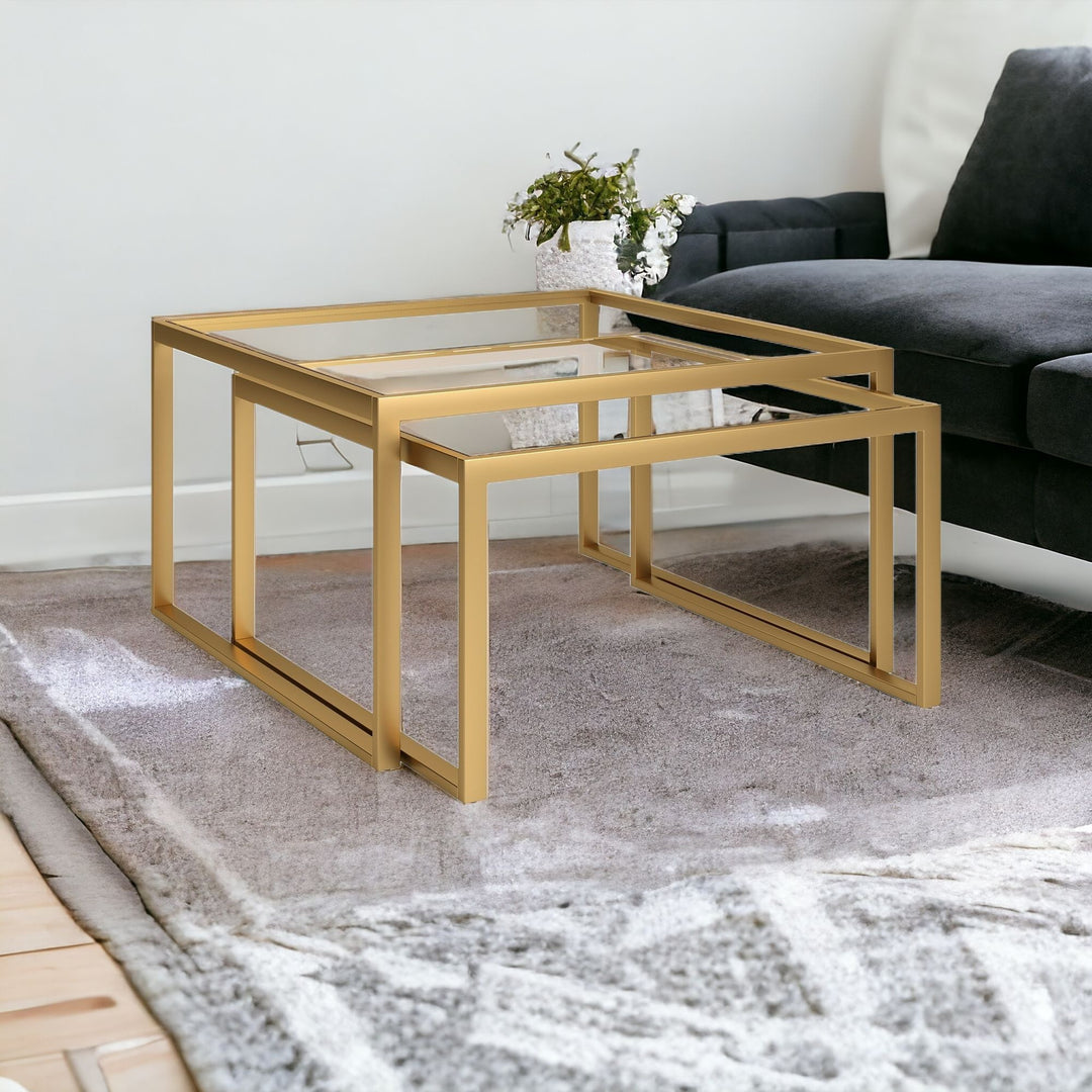 Set of Two 30-Inch Gold Glass and Steel Square Nested Coffee Tables