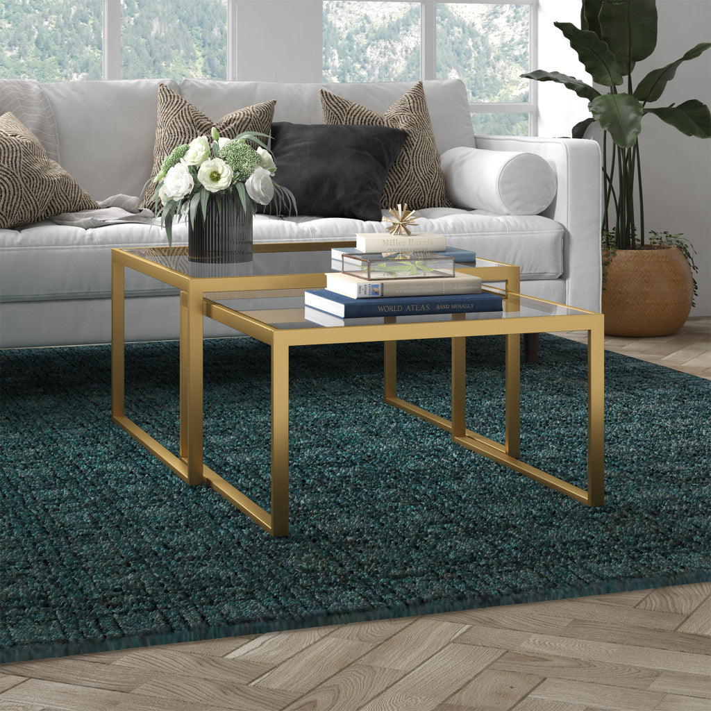 Set of Two 30-Inch Gold Glass and Steel Square Nested Coffee Tables