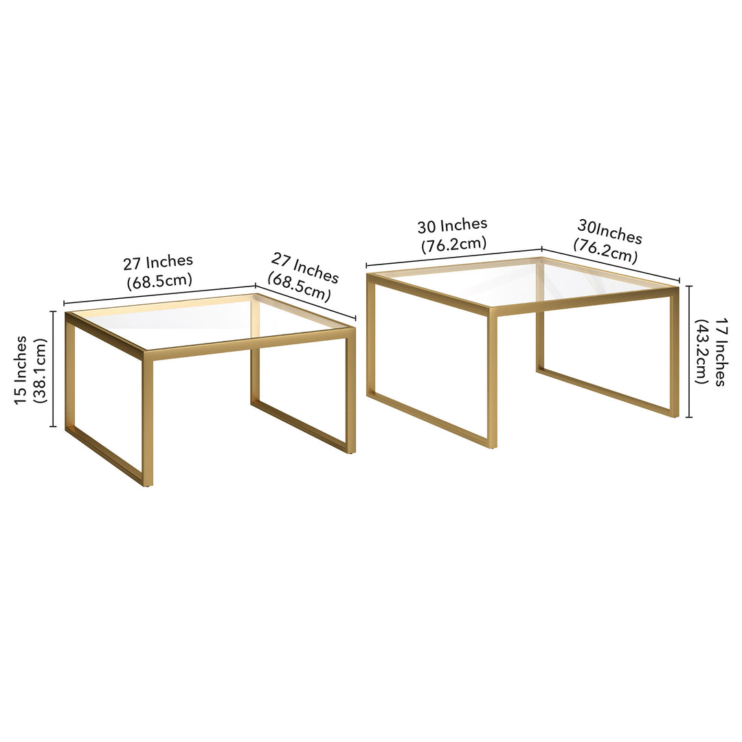 Set of Two 30-Inch Gold Glass and Steel Square Nested Coffee Tables