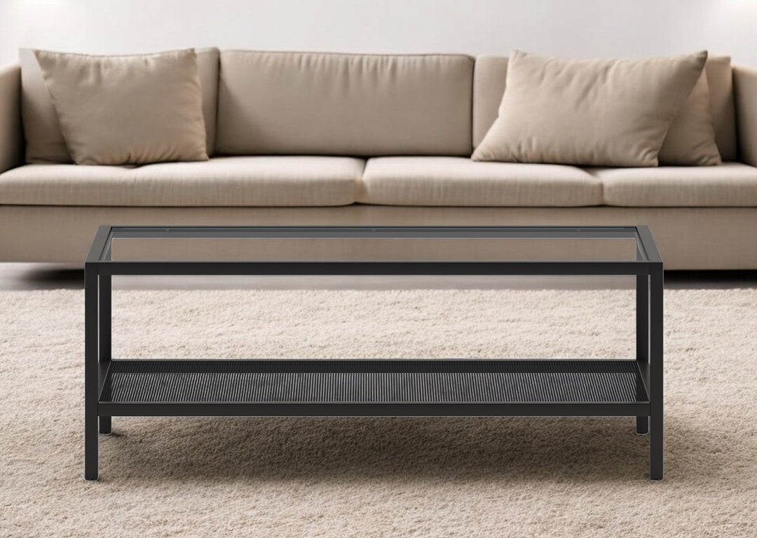 45-Inch  Premium Clear and Black Glass Coffee Table with Shelf