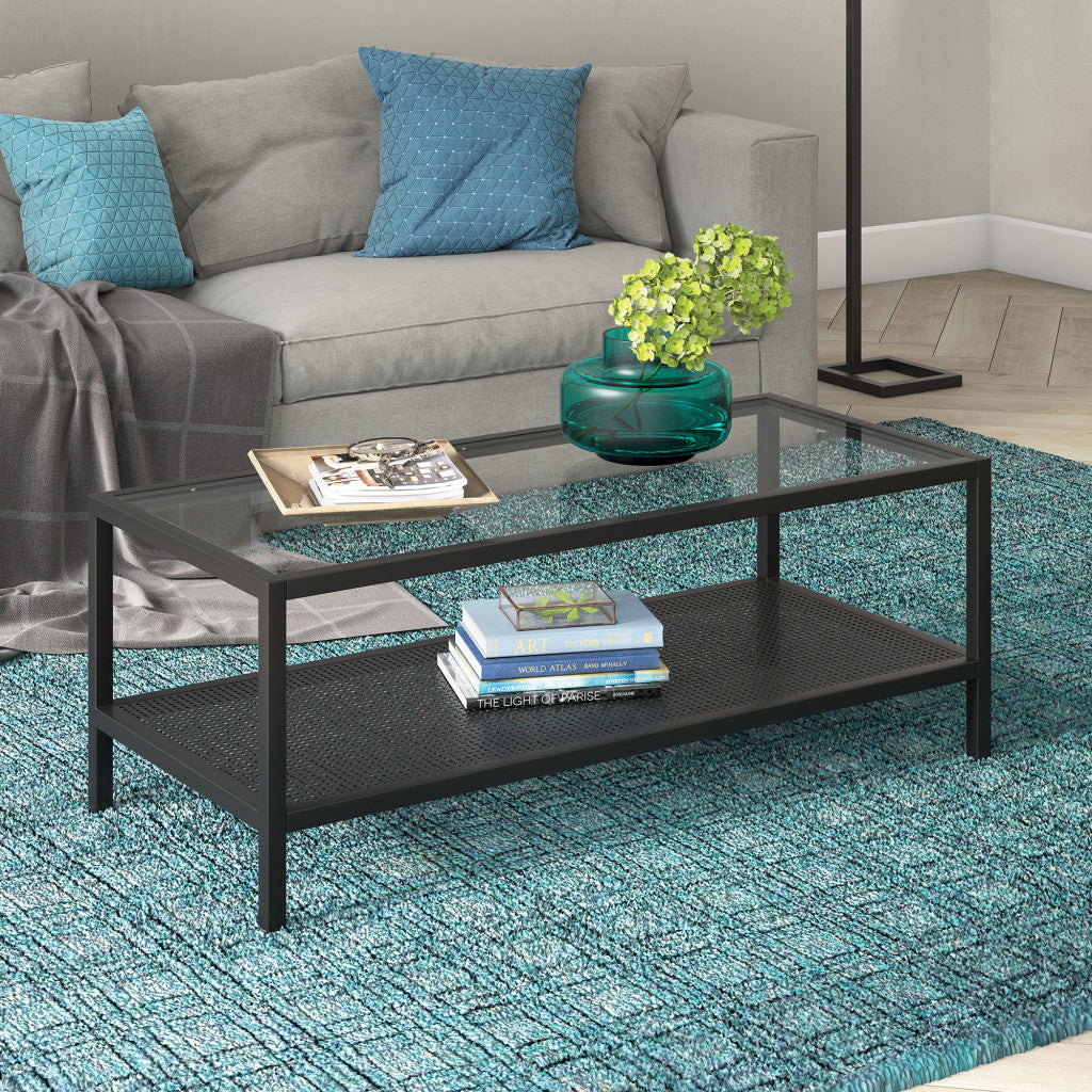 45-Inch  Premium Clear and Black Glass Coffee Table with Shelf