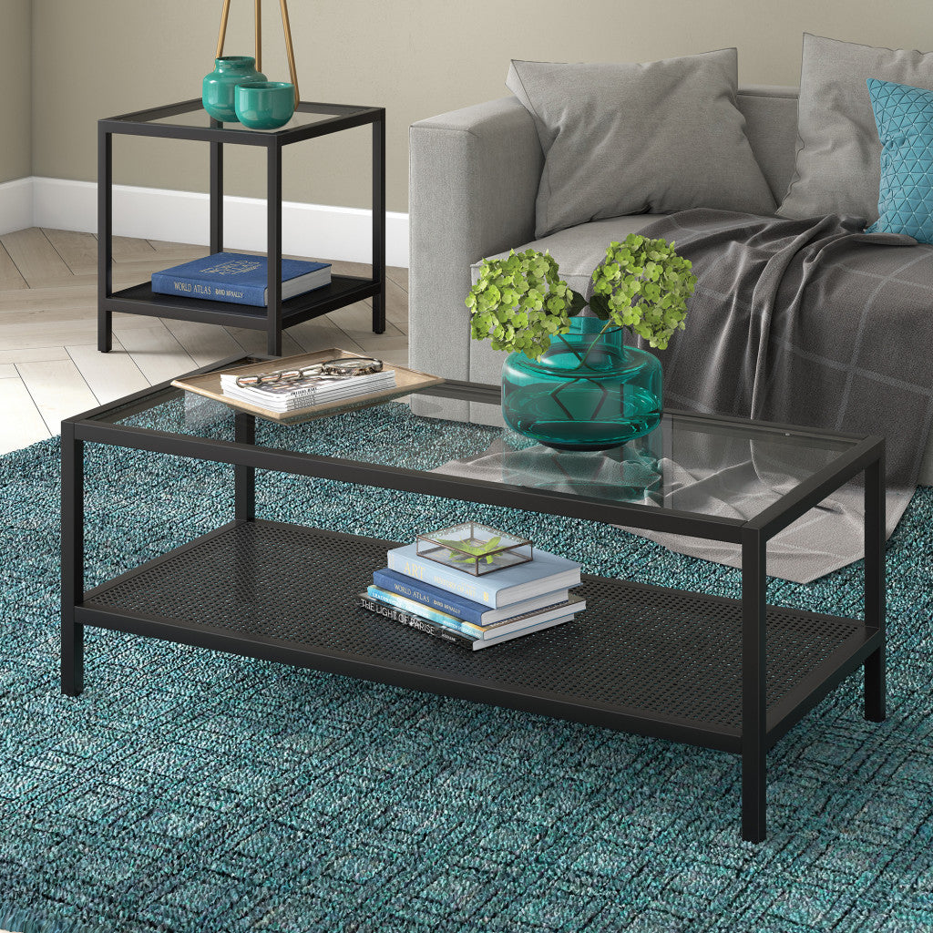 45-Inch  Premium Clear and Black Glass Coffee Table with Shelf