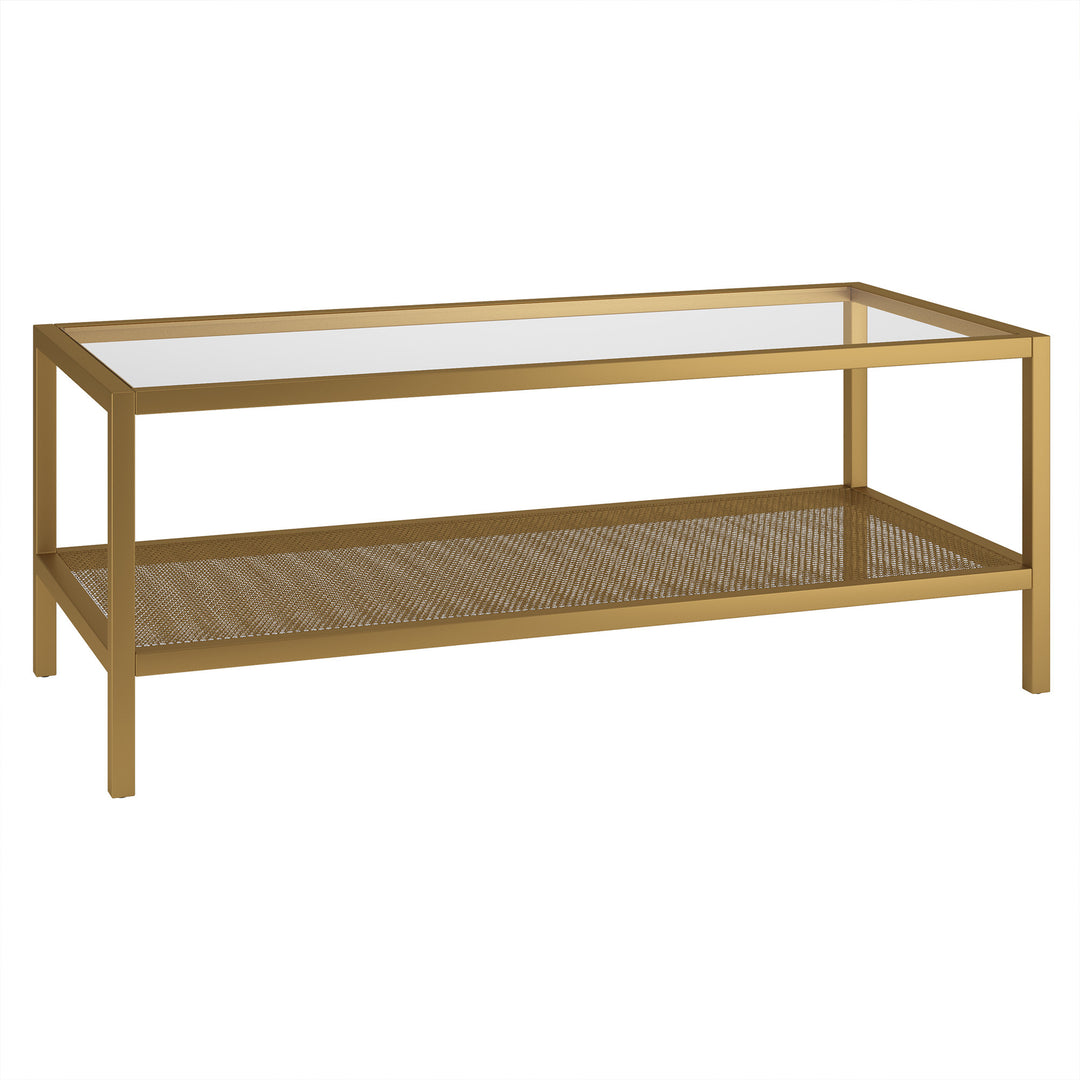 45" Clear and Gold Glass and Steel Coffee Table with Shelf