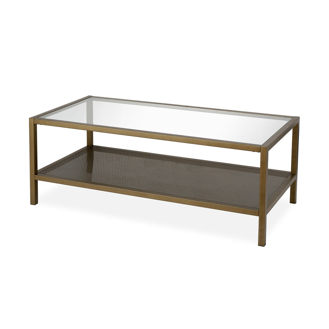 45" Clear and Gold Glass and Steel Coffee Table with Shelf