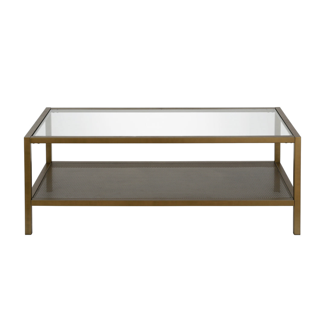 45" Clear and Gold Glass and Steel Coffee Table with Shelf