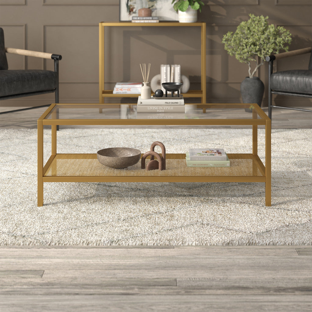 45" Clear and Gold Glass and Steel Coffee Table with Shelf