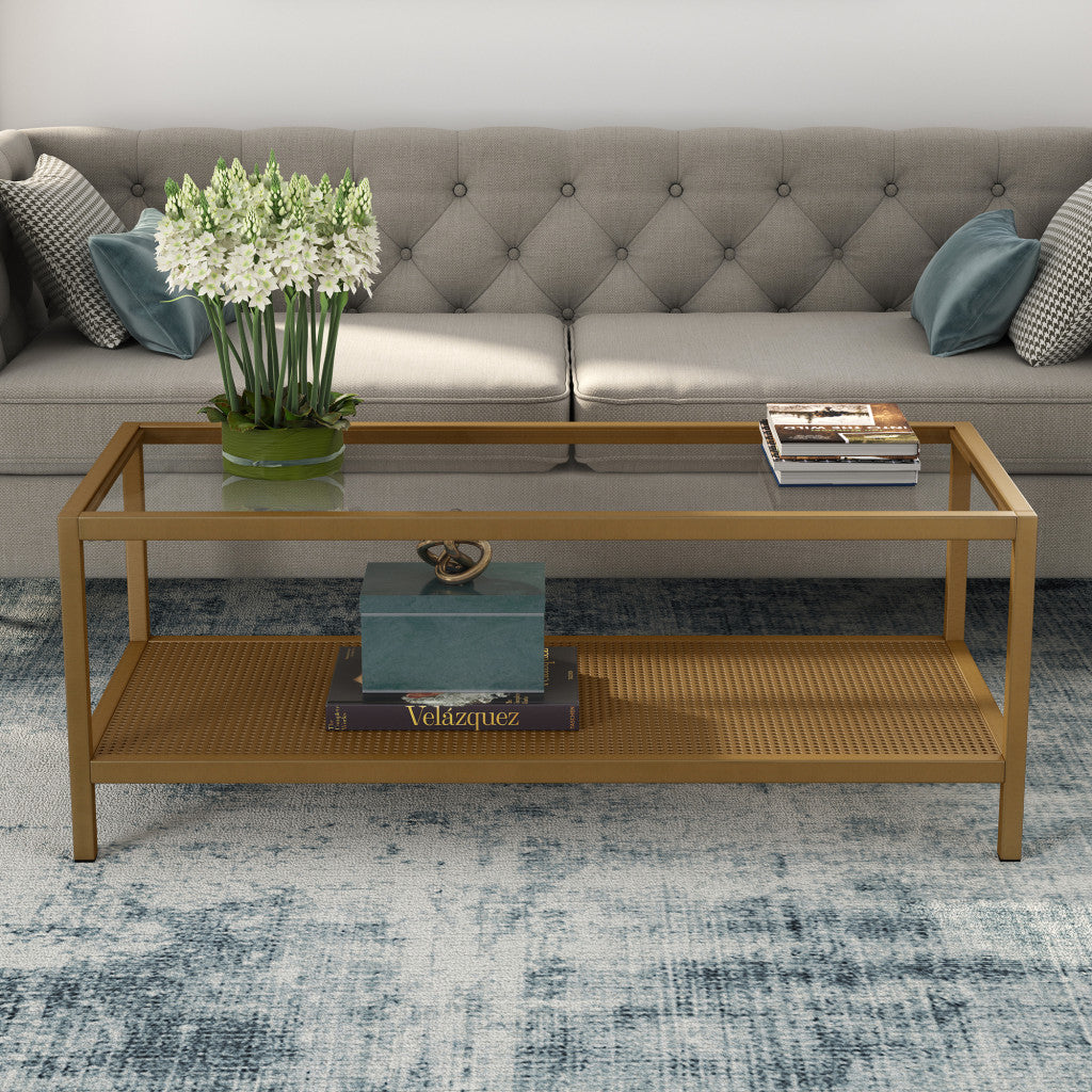 45" Clear and Gold Glass and Steel Coffee Table with Shelf