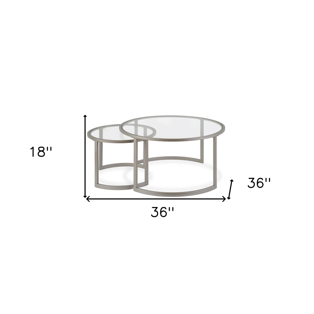 Set of Two 36-Inch Nickel Glass and Steel Round Nested Coffee Tables