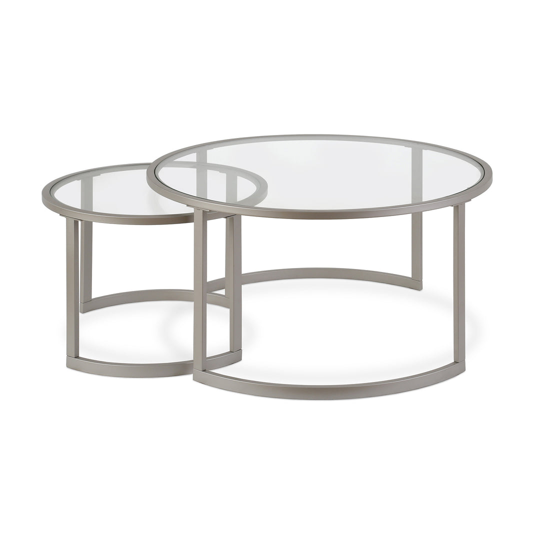 Set of Two 36-Inch Nickel Glass and Steel Round Nested Coffee Tables